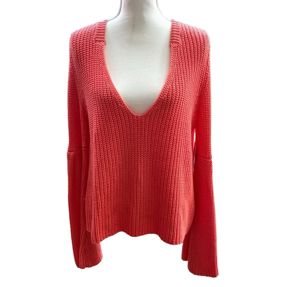 Free People Damsel Orange Flare Sleeve Deep V-Neck Chunky Knit Sweater Medium - Picture 1 of 15